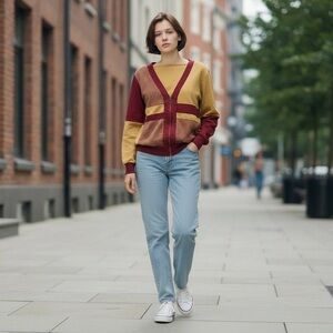 Vintage Burgundy and Tan Patchwork Sweater Top